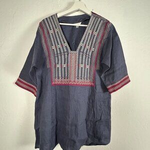 Cabi Womens Navy Embroidered Tunic Dress 100% Linen V-Neck With 3/4 Sleeves & Ba